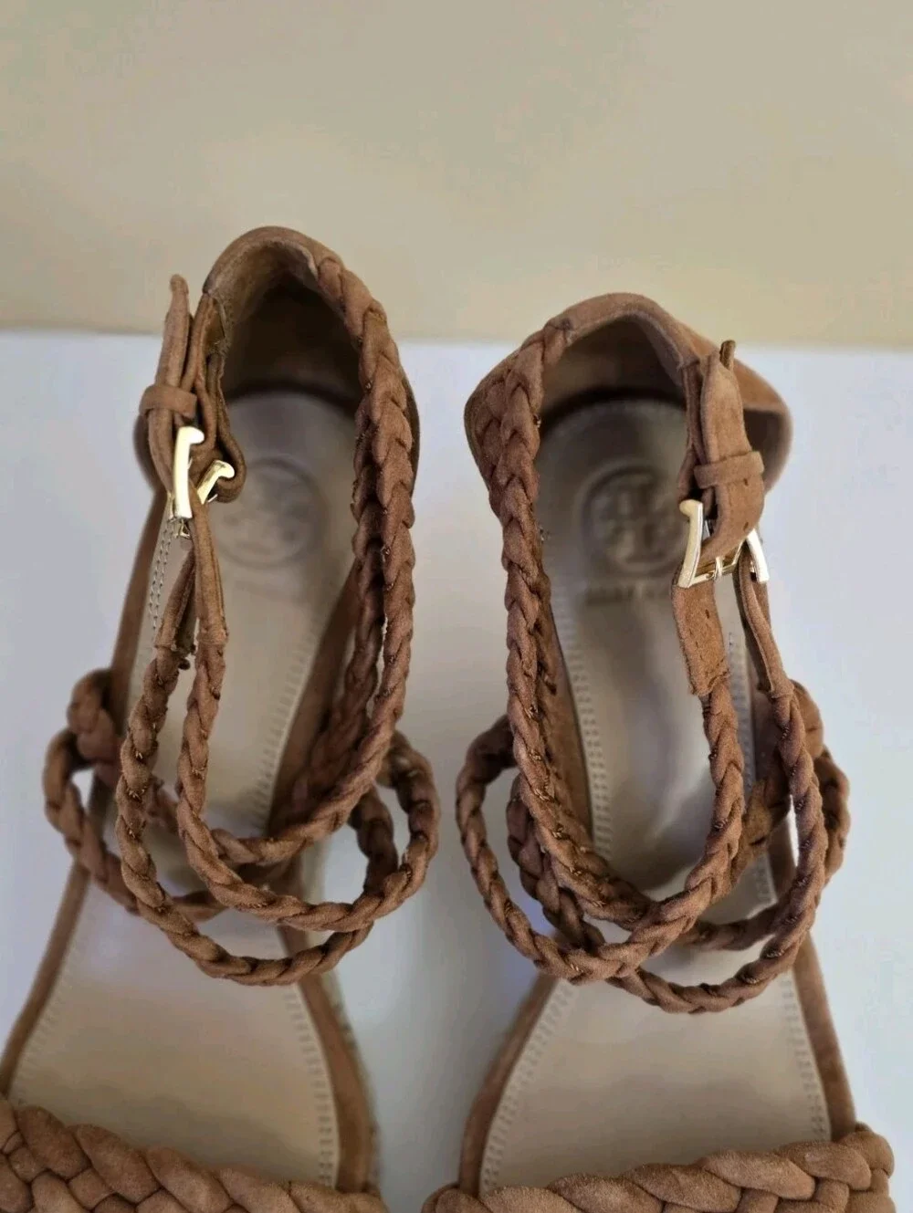 Tory Burch Bailey Suede Leather Espadrille Platform Wedge Brown 7 Ankle Straps